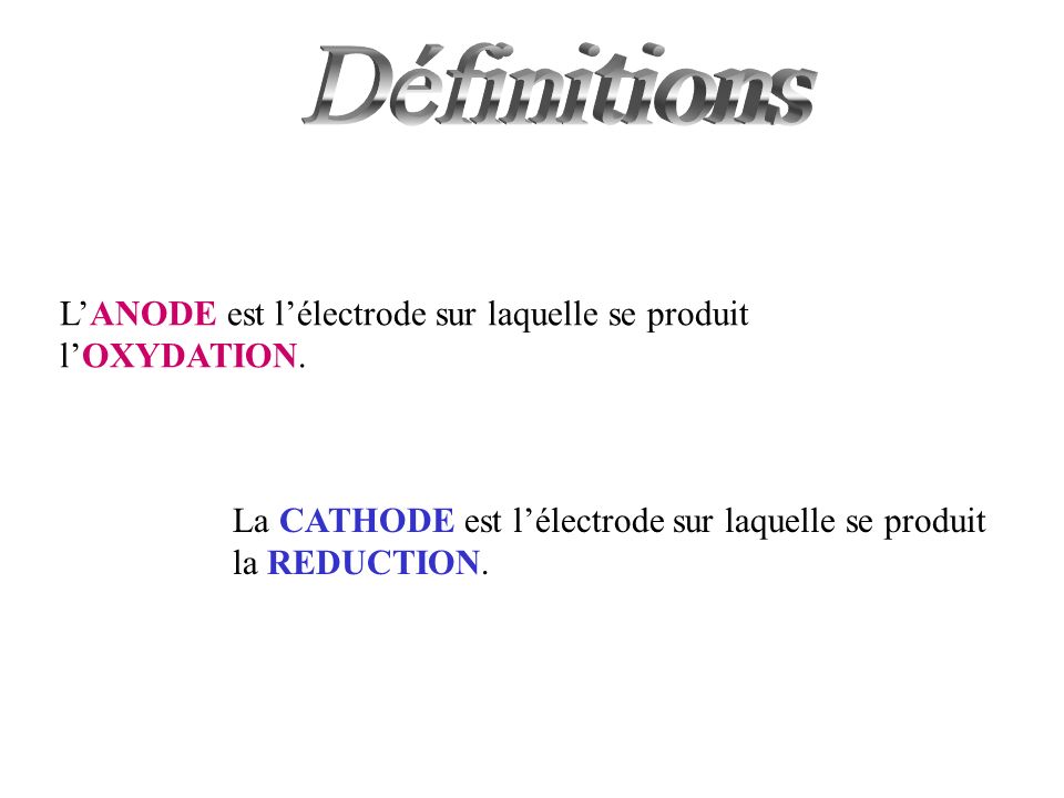 Définitions L’ANODE est l’électrode sur laquelle se produit l’OXYDATION.