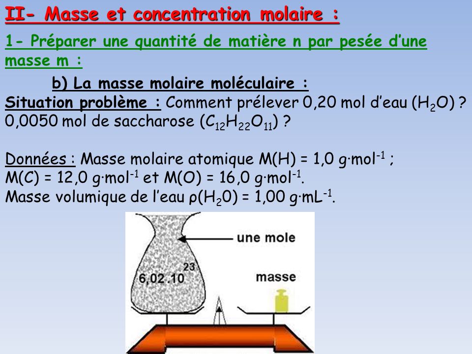 II- Masse et concentration molaire :