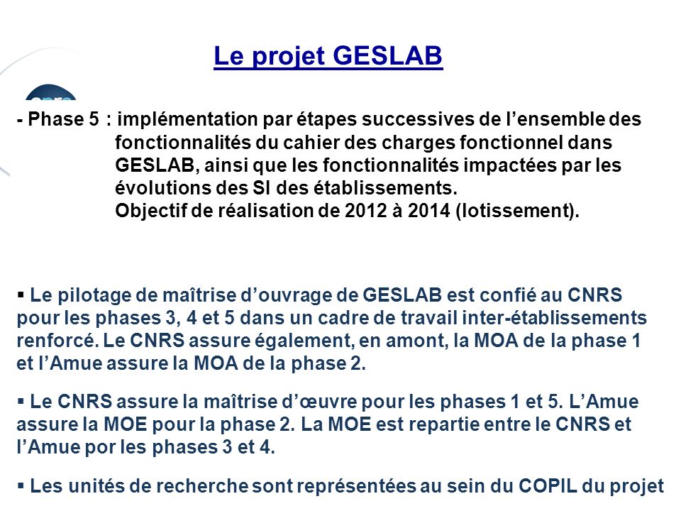 Le projet GESLAB - Phase 5 : implémentation par étapes successives de l’ensemble des. fonctionnalités du cahier des charges fonctionnel dans.