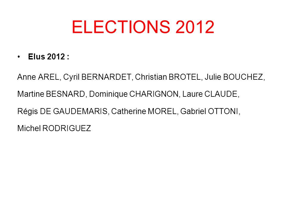 ELECTIONS 2012 Elus 2012 : Anne AREL, Cyril BERNARDET, Christian BROTEL, Julie BOUCHEZ, Martine BESNARD, Dominique CHARIGNON, Laure CLAUDE,