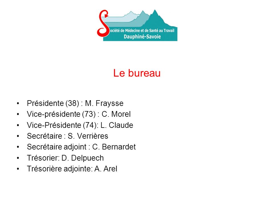 Le bureau Présidente (38) : M. Fraysse Vice-présidente (73) : C. Morel