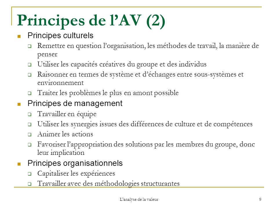 Principes de l’AV (2) Principes culturels Principes de management