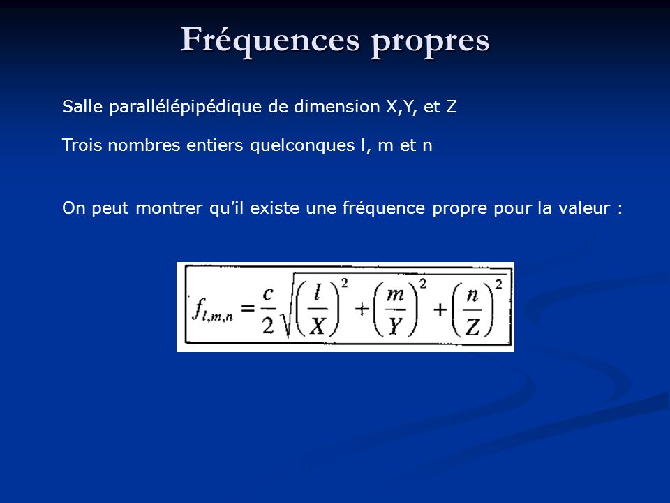 Fréquences propres Salle parallélépipédique de dimension X,Y, et Z