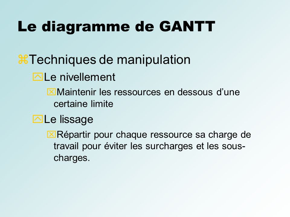 Le diagramme de GANTT Techniques de manipulation Le nivellement