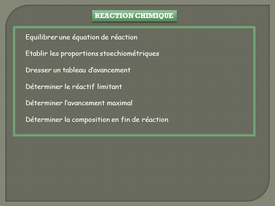 REACTION CHIMIQUE Equilibrer une équation de réaction. Etablir les proportions stoechiométriques. Dresser un tableau d’avancement.