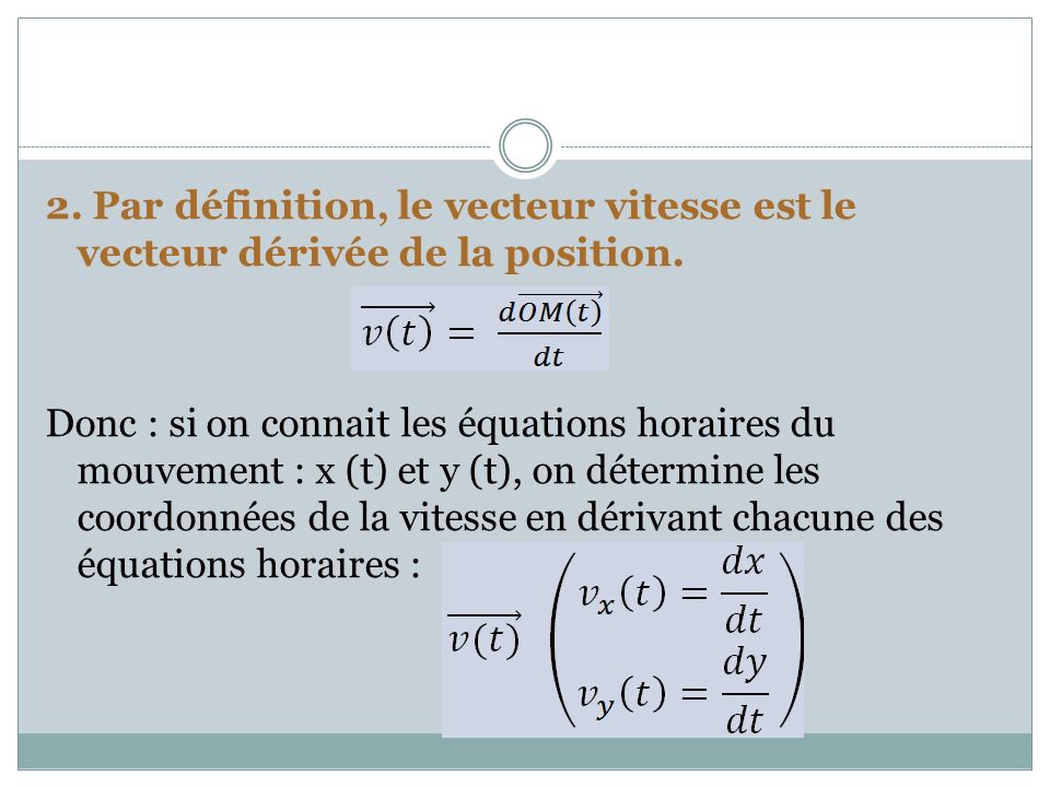 2. Par définition, le vecteur vitesse est le vecteur dérivée de la position.