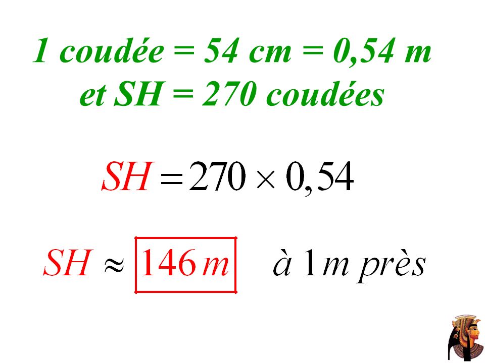 1 coudée = 54 cm = 0,54 m et SH = 270 coudées