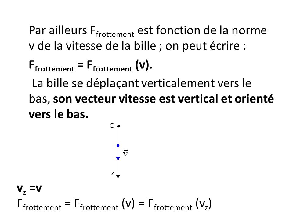 Par ailleurs Ffrottement est fonction de la norme v de la vitesse de la bille ; on peut écrire : Ffrottement = Ffrottement (v). La bille se déplaçant verticalement vers le bas, son vecteur vitesse est vertical et orienté vers le bas.