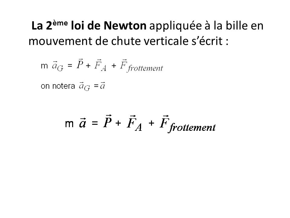 La 2ème loi de Newton appliquée à la bille en mouvement de chute verticale s’écrit :
