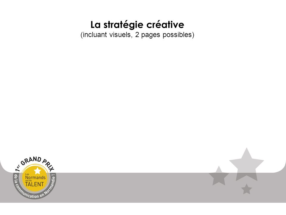 La stratégie créative (incluant visuels, 2 pages possibles)