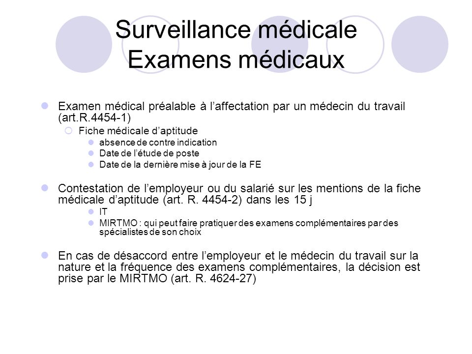 Surveillance médicale Examens médicaux