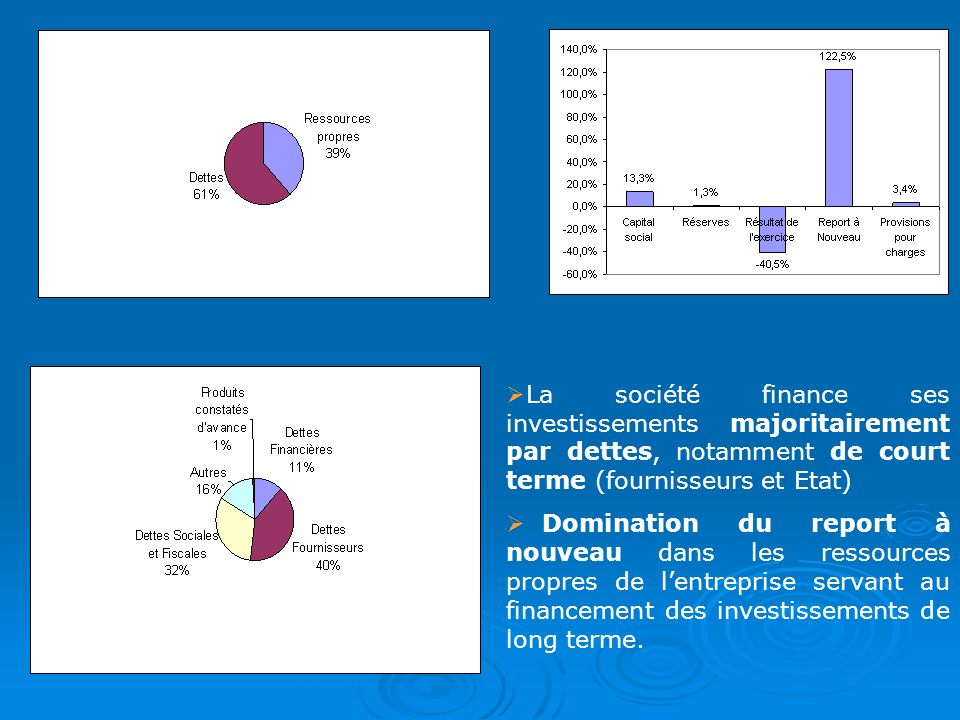 La société finance ses investissements majoritairement par dettes, notamment de court terme (fournisseurs et Etat)