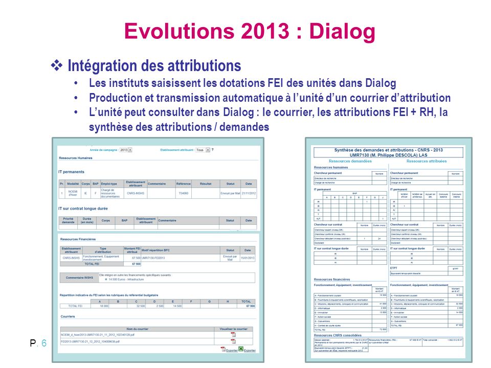 Evolutions 2013 : Dialog Intégration des attributions