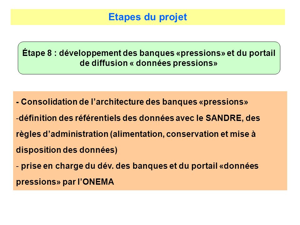 Etapes du projet Étape 8 : développement des banques «pressions» et du portail de diffusion « données pressions»