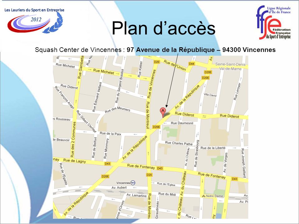 Plan d’accès Squash Center de Vincennes : 97 Avenue de la République – Vincennes