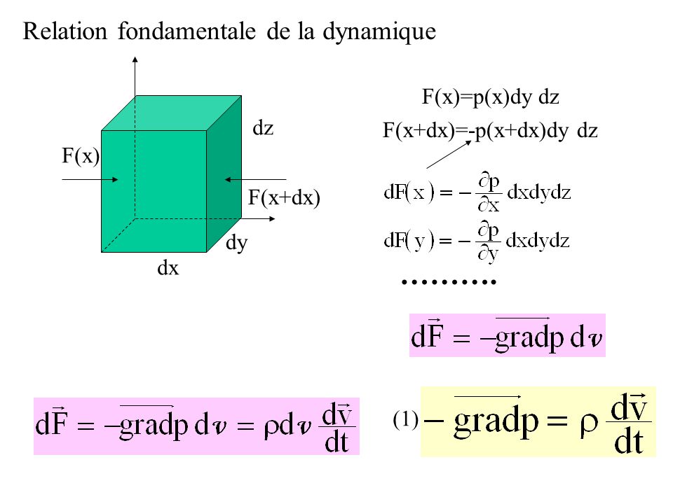 ………. Relation fondamentale de la dynamique F(x)=p(x)dy dz dz
