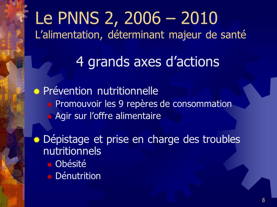 Le PNNS 2, 2006 – 2010 L’alimentation, déterminant majeur de santé