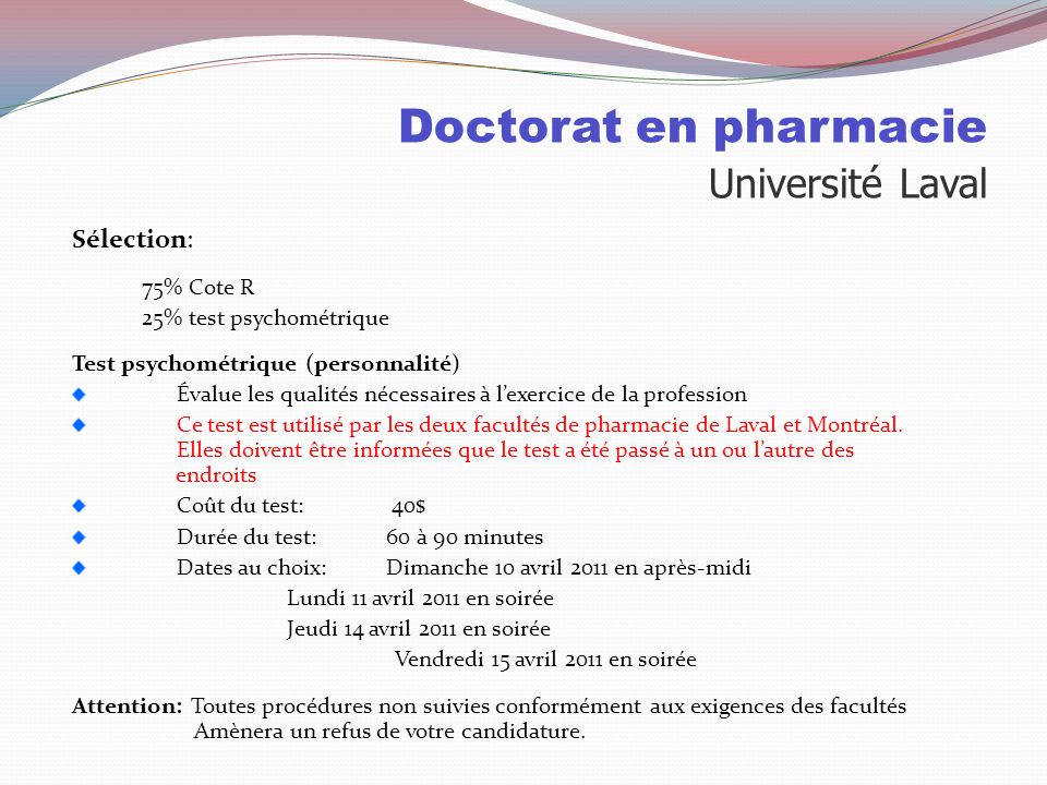 Doctorat en pharmacie Université Laval