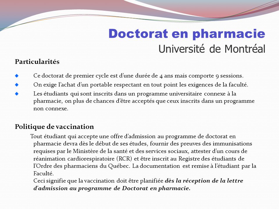 Doctorat en pharmacie Université de Montréal