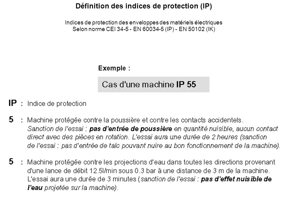 Définition des indices de protection (IP)
