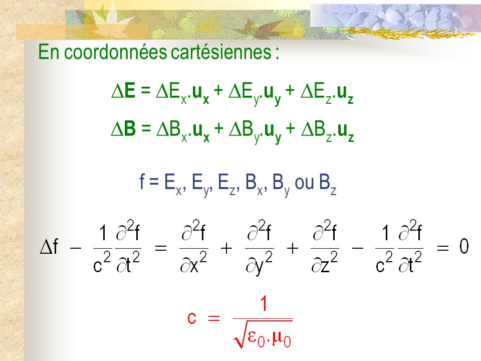 En coordonnées cartésiennes : E = Ex.ux + Ey.uy + Ez.uz