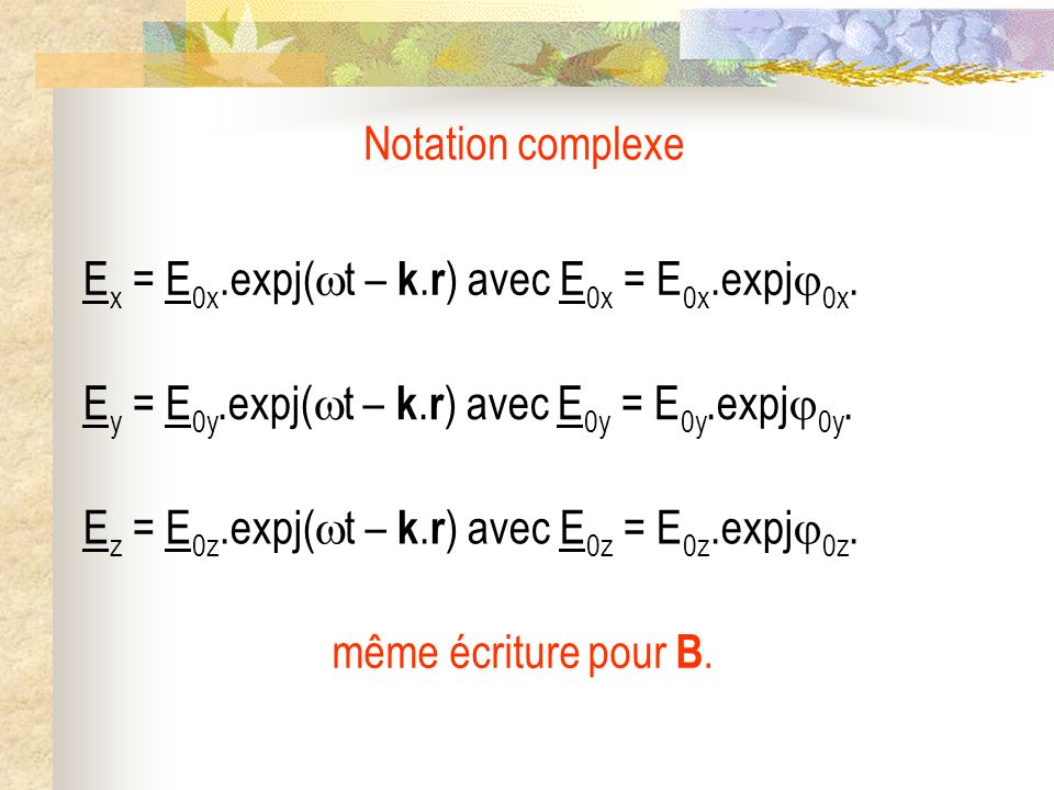 Notation complexe Ex = E0x.expj(t – k.r) avec E0x = E0x.expj0x. Ey = E0y.expj(t – k.r) avec E0y = E0y.expj0y.