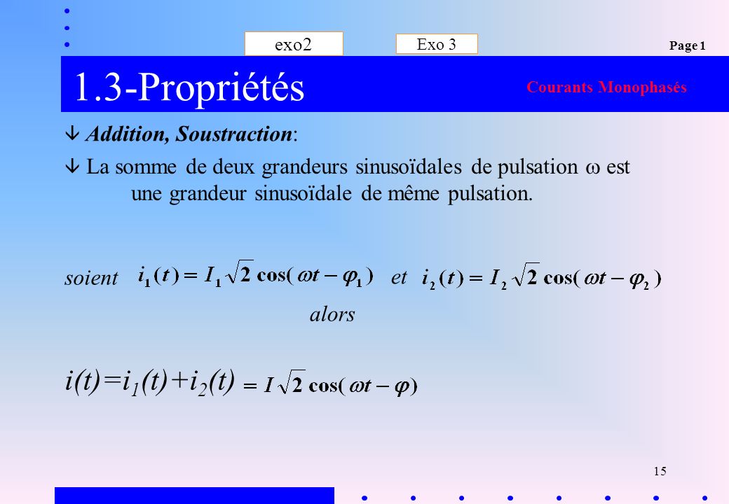 1.3-Propriétés i(t)=i1(t)+i2(t) soient et alors exo2