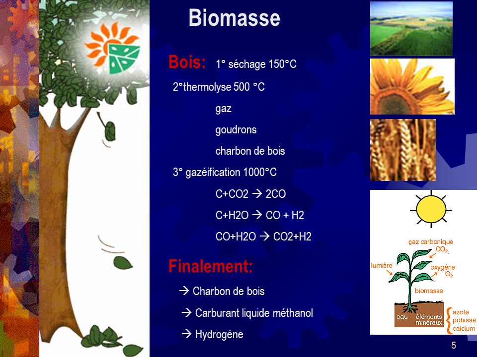 Biomasse Bois: 1° séchage 150°C Finalement: 2°thermolyse 500 °C gaz