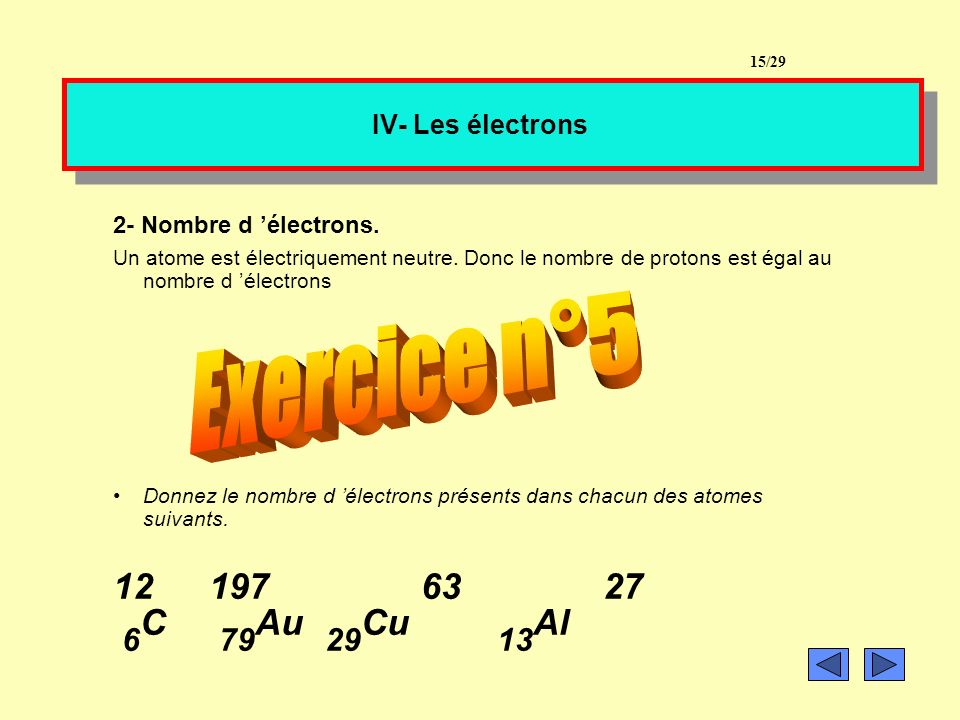 Exercice n°5 6C 79Au 29Cu 13Al IV- Les électrons