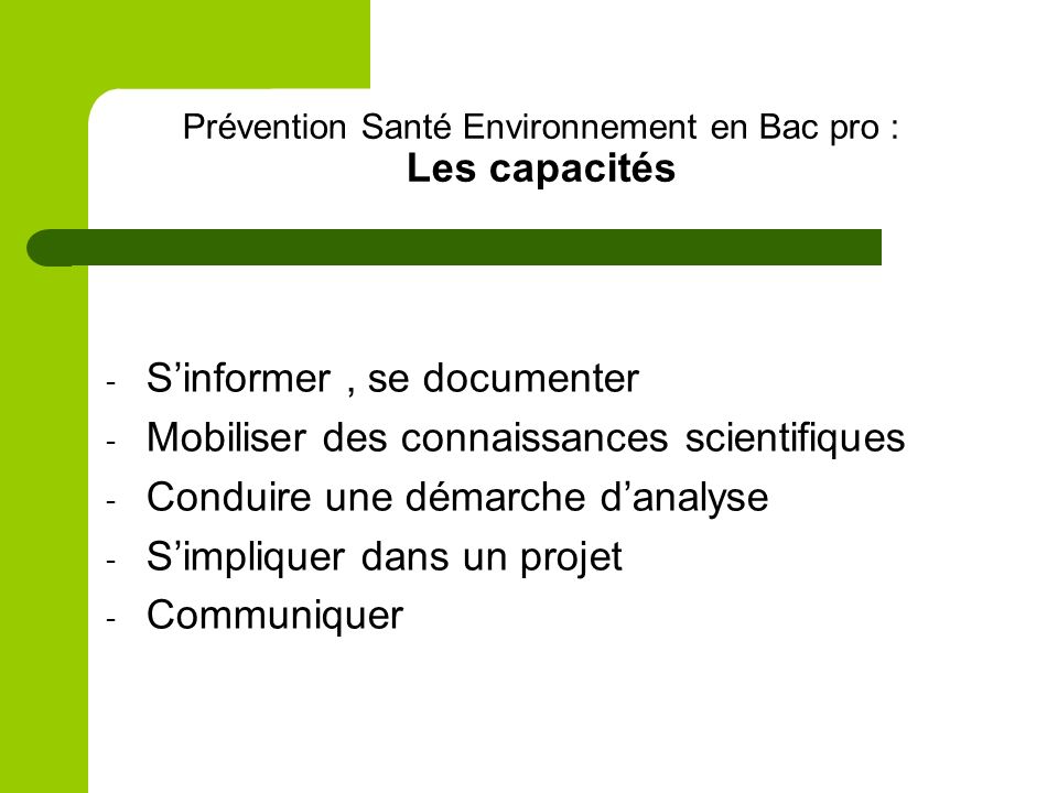 Prévention Santé Environnement en Bac pro : Les capacités
