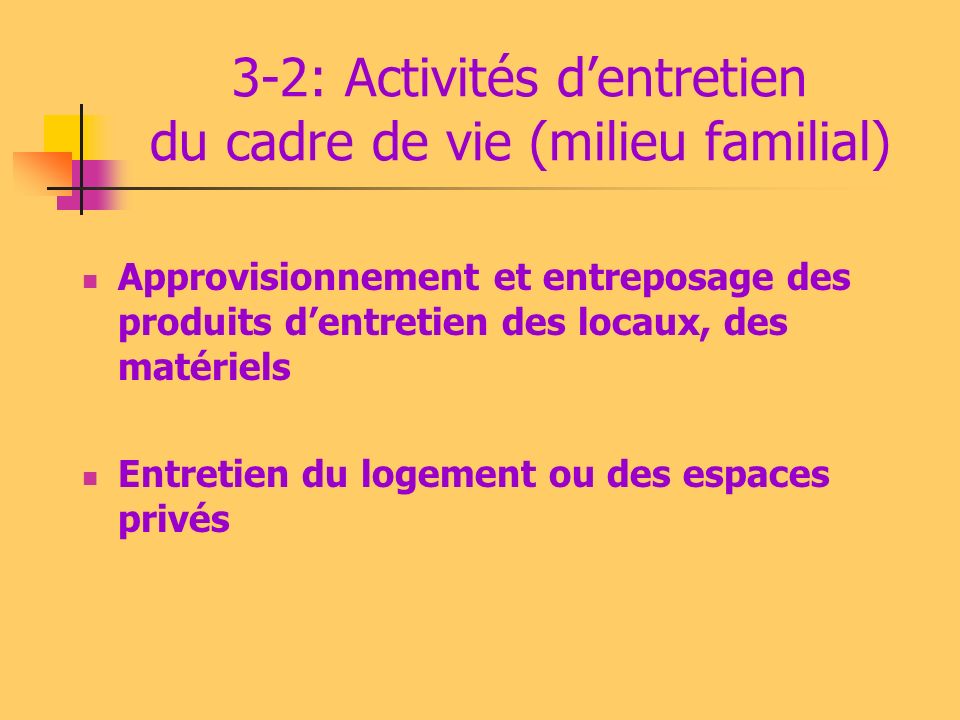 3-2: Activités d’entretien du cadre de vie (milieu familial)