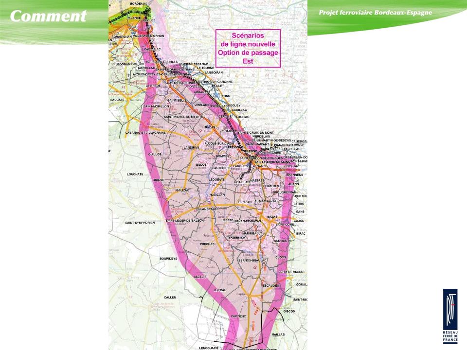 Ce secteur est concerné principalement par le scénario n° 3, c’est-à-dire le scénario de ligne nouvelle sortant par l’est de l’agglomération de Bordeaux dont le « corridor » de passage correspond à la zone en violet.