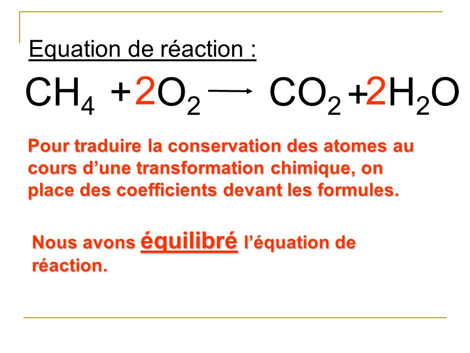 CH4 + 2 O2 CO2 2 + H2O Equation de réaction :