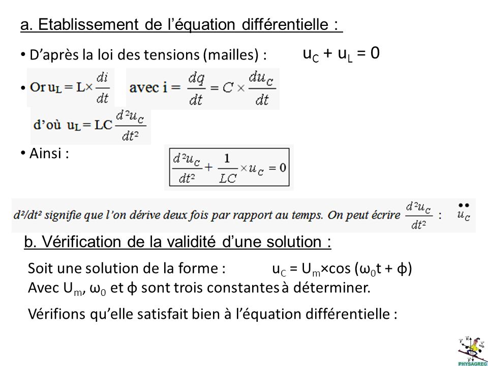 uC + uL = 0 a. Etablissement de l’équation différentielle :