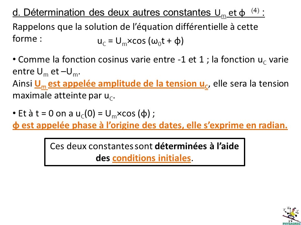 d. Détermination des deux autres constantes Um et φ (4) :