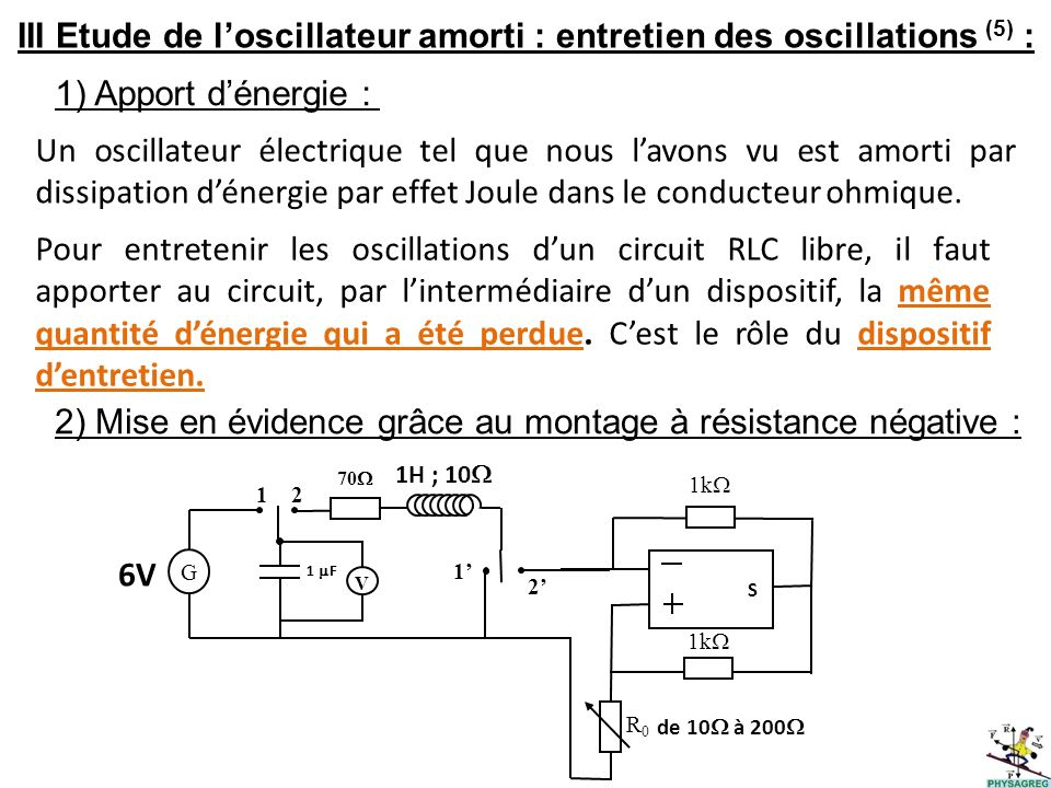 III Etude de l’oscillateur amorti : entretien des oscillations (5) :