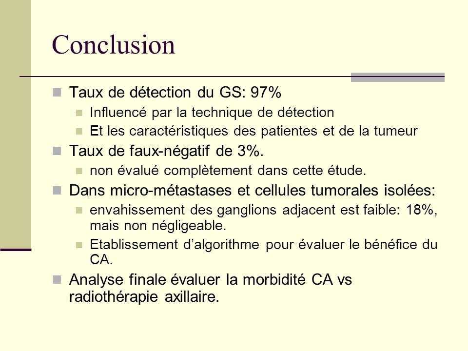 Conclusion Taux de détection du GS: 97% Taux de faux-négatif de 3%.