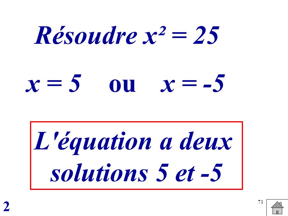Résoudre x² = 25 x = 5 ou x = -5 L équation a deux solutions 5 et -5