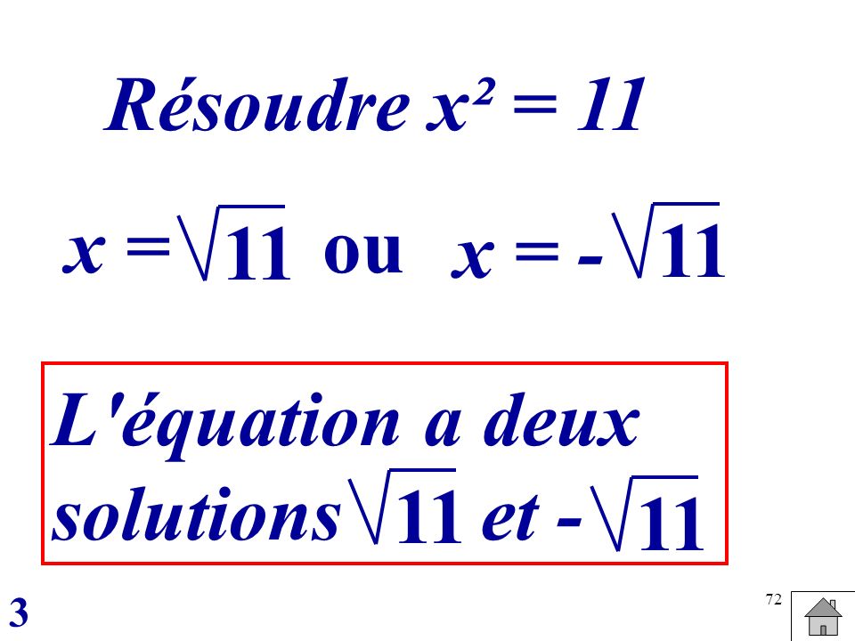 Résoudre x² = 11 x = ou 11 x = - 11 L équation a deux solutions et -