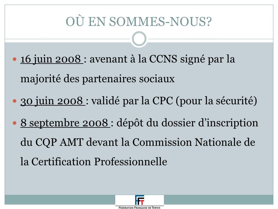 OÙ EN SOMMES-NOUS 16 juin 2008 : avenant à la CCNS signé par la majorité des partenaires sociaux.