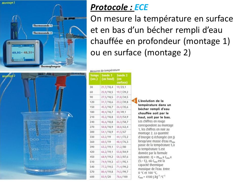 Protocole : ECE On mesure la température en surface et en bas d’un bécher rempli d’eau chauffée en profondeur (montage 1) ou en surface (montage 2)