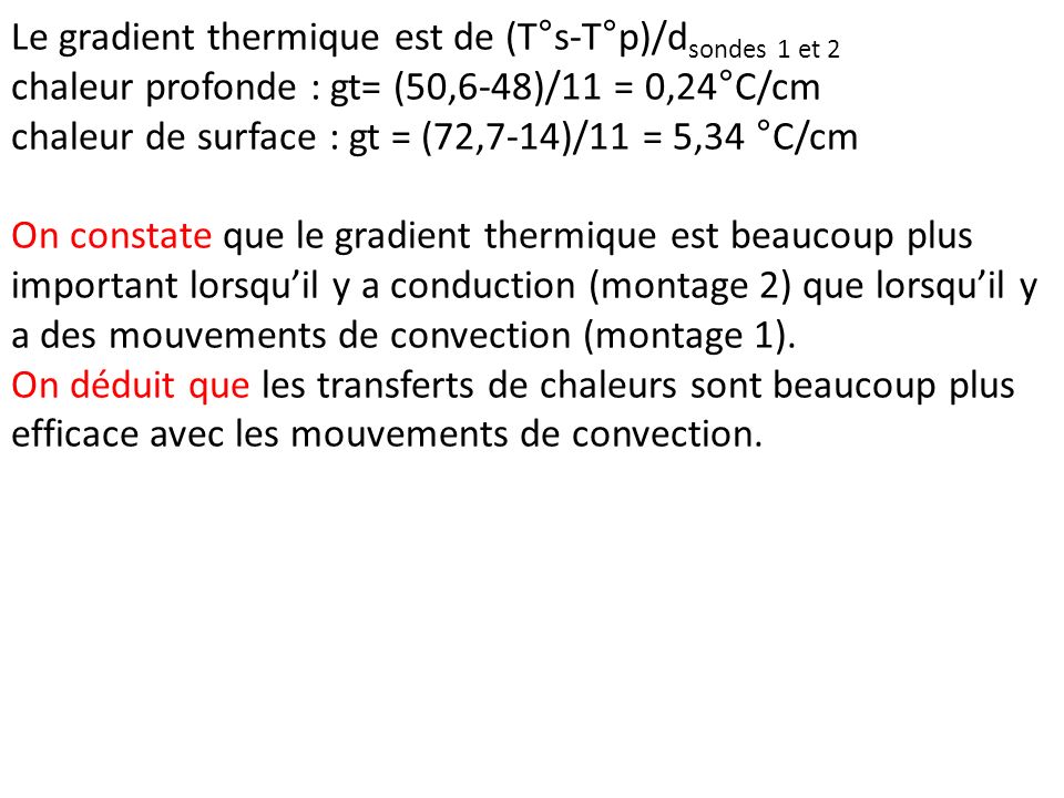 Le gradient thermique est de (T°s-T°p)/dsondes 1 et 2