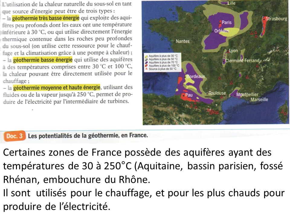 Certaines zones de France possède des aquifères ayant des températures de 30 à 250°C (Aquitaine, bassin parisien, fossé Rhénan, embouchure du Rhône.