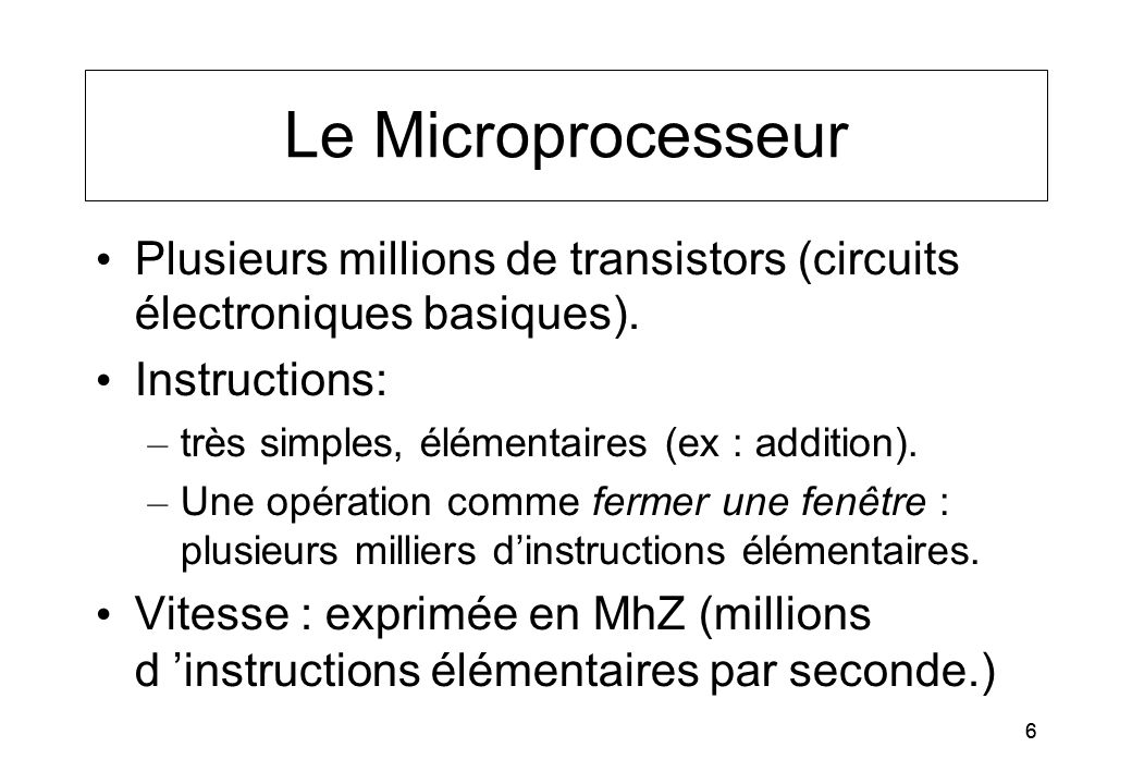 Le Microprocesseur Plusieurs millions de transistors (circuits électroniques basiques). Instructions: