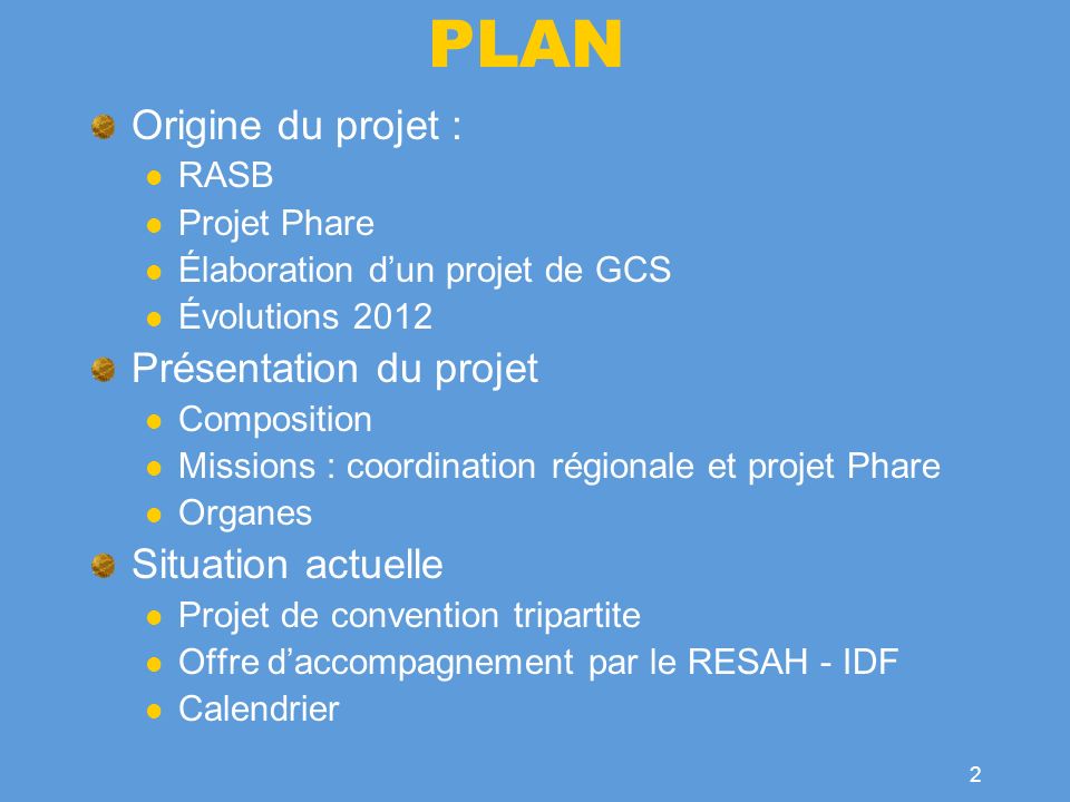 PLAN Origine du projet : Présentation du projet Situation actuelle
