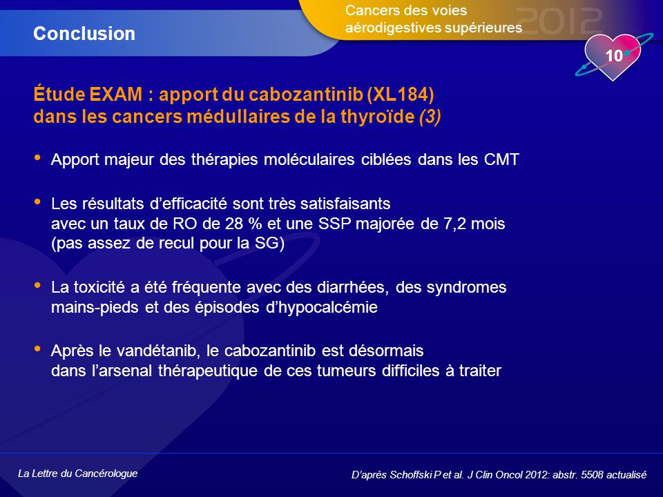 Conclusion Étude EXAM : apport du cabozantinib (XL184) dans les cancers médullaires de la thyroïde (3)