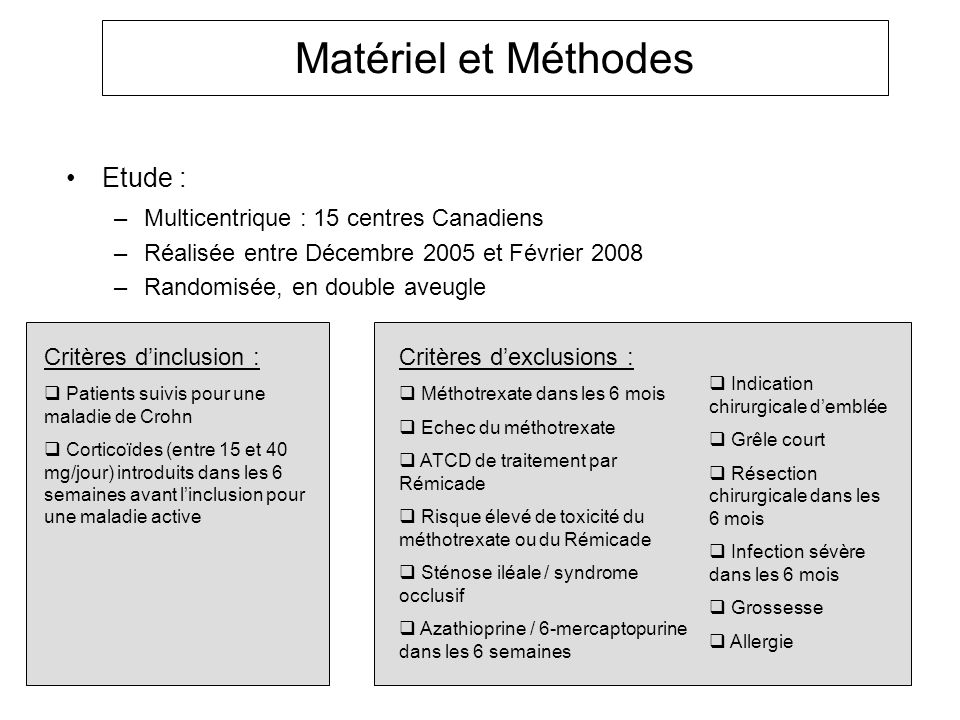 Matériel et Méthodes Etude : Multicentrique : 15 centres Canadiens