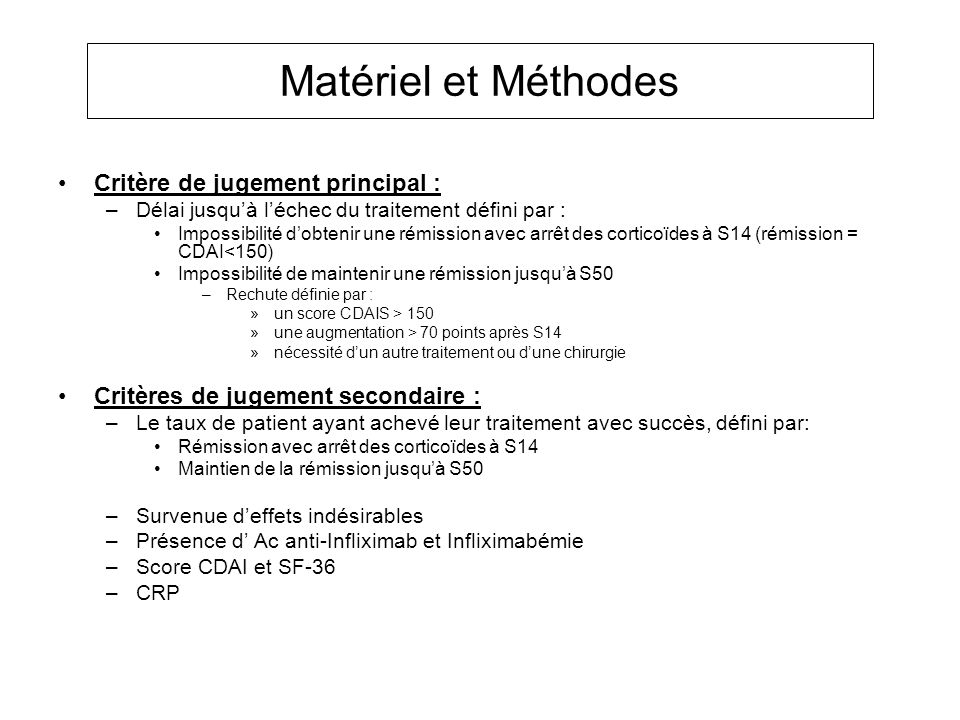 Matériel et Méthodes Critère de jugement principal :