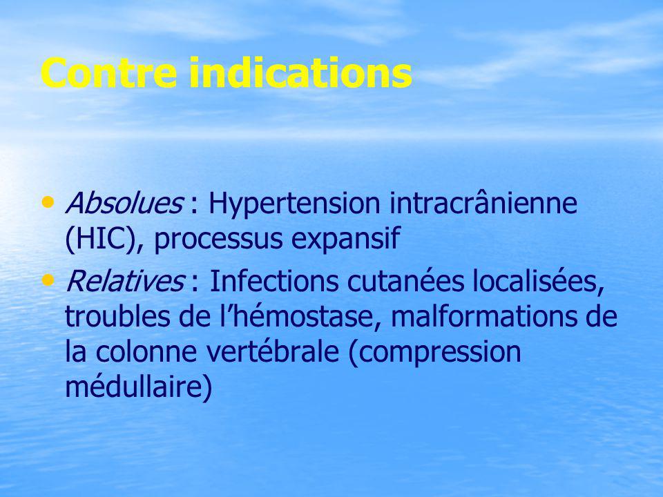 Contre indications Absolues : Hypertension intracrânienne (HIC), processus expansif.