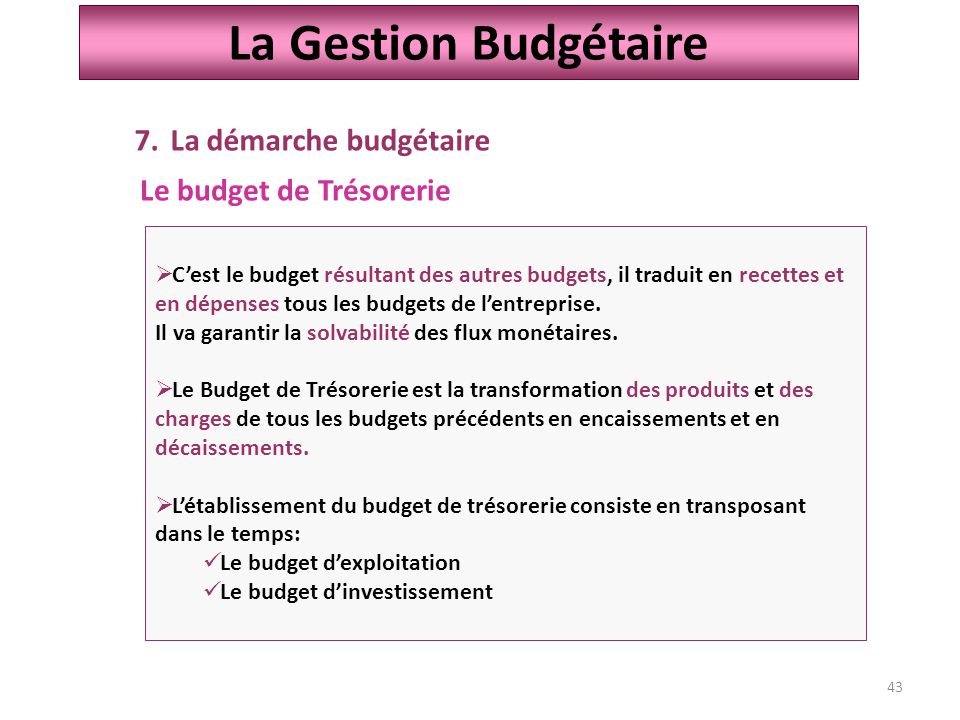 La Gestion Budgétaire La démarche budgétaire Le budget de Trésorerie